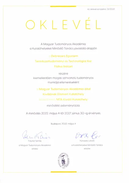 MTA Kiváló Kutatóhely oklevél MTA Kiváló Kutatóhely oklevél